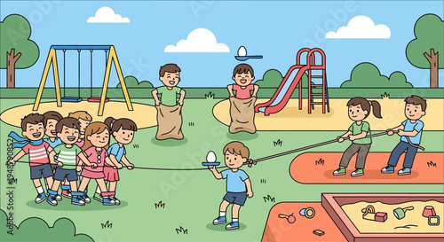 Children playing outdoor games: sack race and egg-and-spoon race in a park