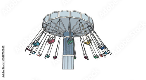Amusement Park Swing Ride Carousel with Colorful Seats Spinning in Motion
