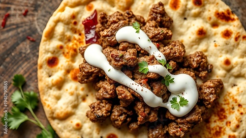Ground lamb flatbread drizzled with yogurt, featuring warm spices in an overhead view with professional food styling lighting.