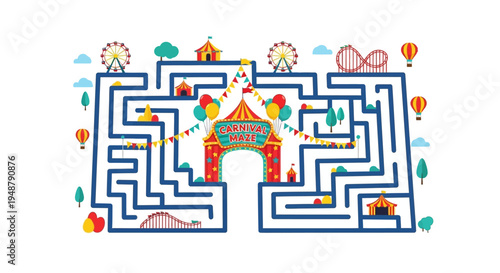 Carnival Maze Labyrinth with Ferris Wheel, Roller Coaster, Hot Air Balloons, and Festive Tent