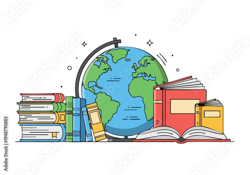 Educational resources and learning materials with globe and books, symbolizing global knowledge and academic study