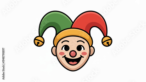 Jester's playful face with colorful hat and rosy cheeks smiling cheerfully in a cartoonish style