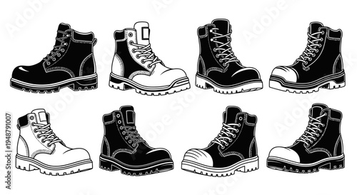 Set of Work Boots, Black and White Illustrations, Industrial Footwear Collection