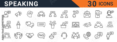 A set of thirty black line icons depicting various people communication methods