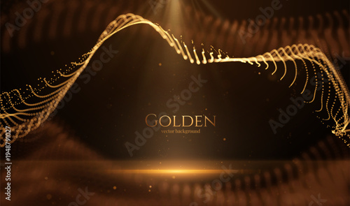 Luxury golden stage vector background with dramatic spotlight beams illuminating a glowing frame. Sparkling particles and light rays for luxurious awards ceremonies, presentations,