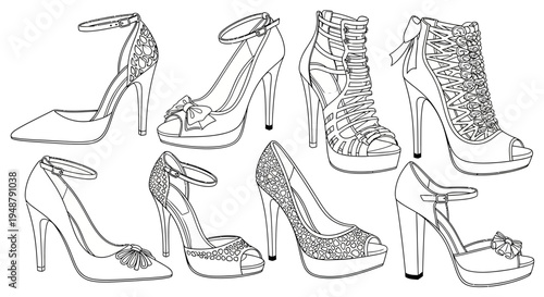 Collection of Elegant High Heel Shoe Illustrations - Fashion Footwear Design Sketches