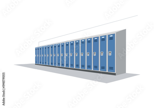 A row of blue metal school lockers standing against a wall, symbolizing education, storage, and personal space within an academic environment