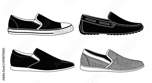 Collection of four black and white slip-on shoes, including sneakers and loafers.