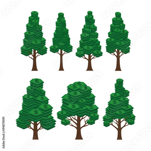 Money Tree Forest: Stacked Dollar Bills Forming Lush Green Trees
