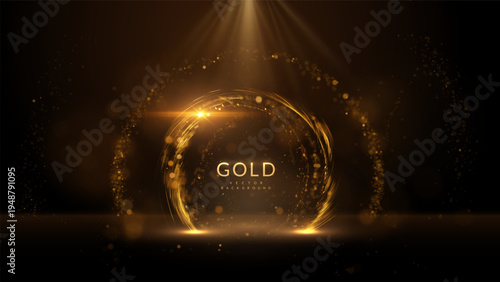 Luxury golden stage vector background with dramatic spotlight beams illuminating a glowing frame. Sparkling particles and light rays for luxurious awards ceremonies, presentations,