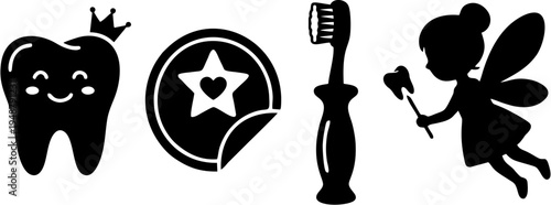 Pediatric dentistry pediatric tooth fairy silhouettes collection solid black vector shapes on white