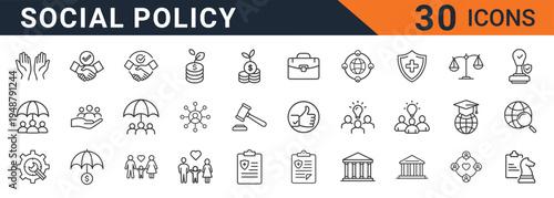 Social policy vector icon set for government, law, and business, including 30 illustrations of people, money, and protection, depicted in a simple line style
