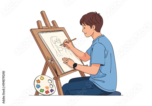 Cuadro en lienzo Young artist diligently sketching a portrait on an easel with a palette of color