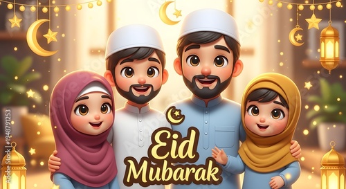 Eid Mubarak greeting card with cartoon Muslim family