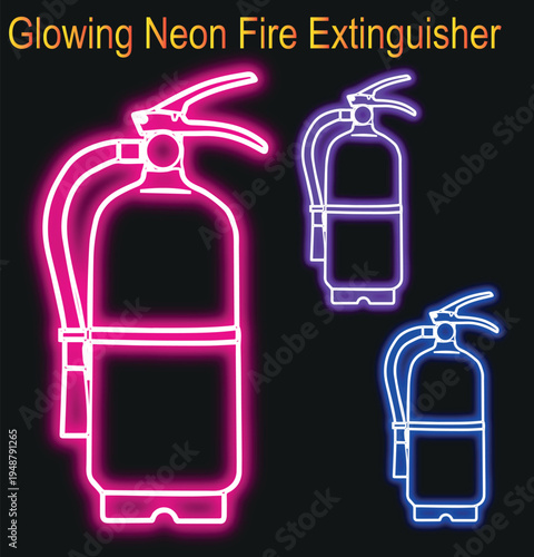 Illuminated fire extinguishers with glowing neon outlines on a dark background