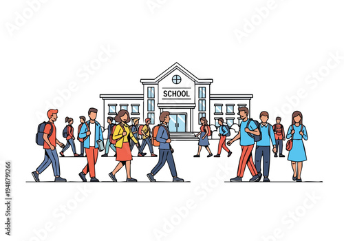 Students walking to school building with backpacks, illustration