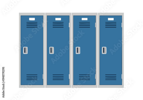 A row of four blue metal lockers with ventilation slots and silver handles, on a white background, perfect for school or gym storage