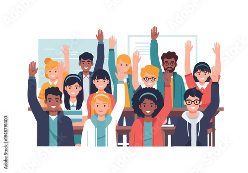 Diverse group of students raising hands in classroom, eager to answer questions and participate in learning activities