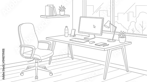 Minimalist home office setup with laptop, desk lamp, coffee mug, potted plants, ergonomic chair, shelf with books and decor, window with curtains, rug under chair, symbolizing comfort and productivity