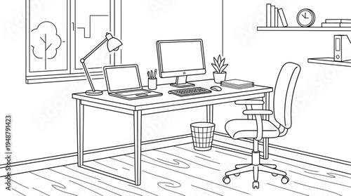 Minimalist home office setup with laptop, desk lamp, coffee mug, potted plants, ergonomic chair, shelf with books and decor, window with curtains, rug under chair, symbolizing comfort and productivity