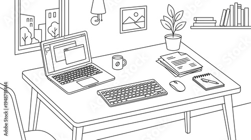 Minimalist home office setup with laptop, desk lamp, coffee mug, potted plants, ergonomic chair, shelf with books and decor, window with curtains, rug under chair, symbolizing comfort and productivity