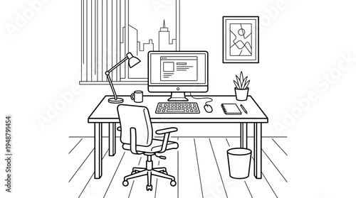 Minimalist home office setup with laptop, desk lamp, coffee mug, potted plants, ergonomic chair, shelf with books and decor, window with curtains, rug under chair, symbolizing comfort and productivity