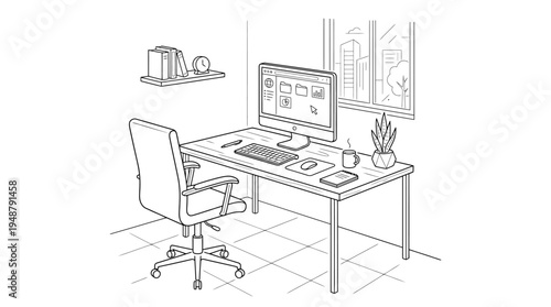 Minimalist home office setup with laptop, desk lamp, coffee mug, potted plants, ergonomic chair, shelf with books and decor, window with curtains, rug under chair, symbolizing comfort and productivity