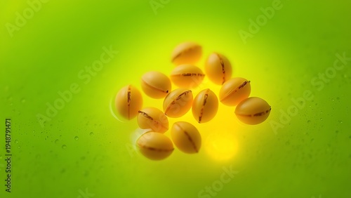 Glowing seeds suspended in vibrant green liquid, embodying natural healing and vitality.