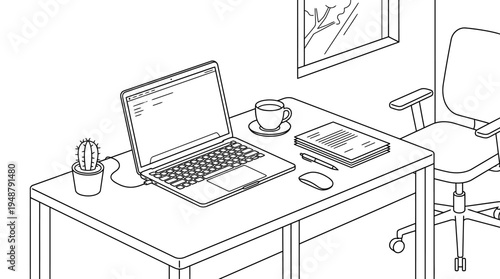 Minimalist home office setup with laptop, desk lamp, coffee mug, potted plants, ergonomic chair, shelf with books and decor, window with curtains, rug under chair, symbolizing comfort and productivity
