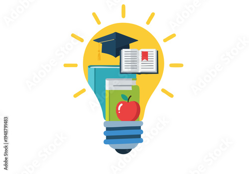 Innovative light bulb filled with educational symbols like books, graduation cap, and apple, representing knowledge, learning, and bright ideas