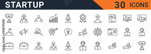 Startup vector icon set with thirty modern line style graphics
