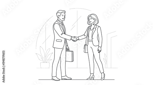 Two professionals in business attire shaking hands in office setting with desk, cabinets, potted plant, and large windows, symbolizing agreement, partnership, negotiation, and successful collaboration