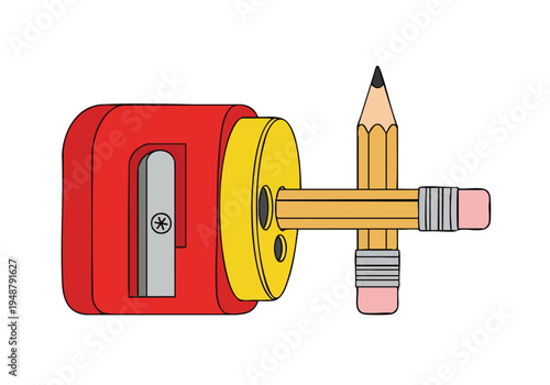 Illustration of a red pencil sharpener with a pencil being sharpened, creativity, and drawing tools