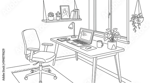 Minimalist home office setup with laptop, desk lamp, coffee mug, potted plants, ergonomic chair, shelf with books and decor, window with curtains, rug under chair, symbolizing comfort and productivity