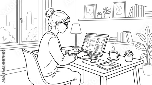 Focused professional at desk with laptop, smartphone, notebook, coffee cup, potted plants, lamp, books, and window view, symbolizing remote work, productivity, comfort, and modern home office culture.