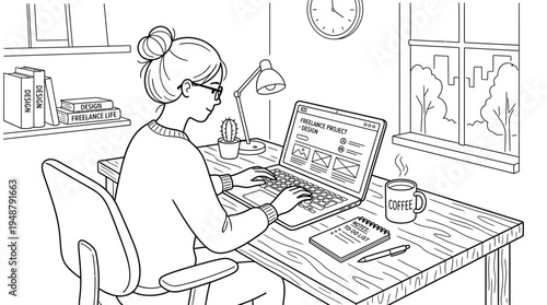 Focused professional at desk with laptop, smartphone, notebook, coffee cup, potted plants, lamp, books, and window view, symbolizing remote work, productivity, comfort, and modern home office culture.