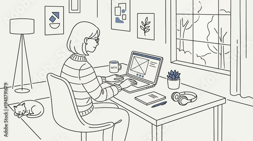 Focused professional at desk with laptop, smartphone, notebook, coffee cup, potted plants, lamp, books, and window view, symbolizing remote work, productivity, comfort, and modern home office culture.