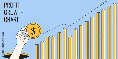Investment concept. Vector illustration of profit chart modern geometric hand and coin of dollar. Profit growth concept. Business banner for bank info of deposit. EPS 10