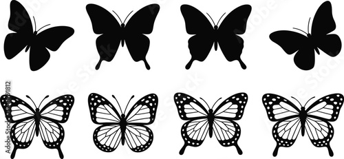 Butterfly silhouettes collection with anatomical hearts, ribbon bows, horses, and human profiles, cad drawing flat vector illustration for graphic design