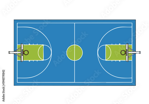 Aerial view of a blue basketball court with green hoops and markings, perfect for sports and recreational activities