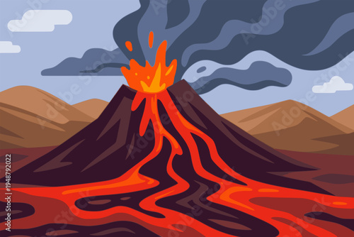 beautiful mountain erupting lava magma nature landscape view background flat color vector illustration template design