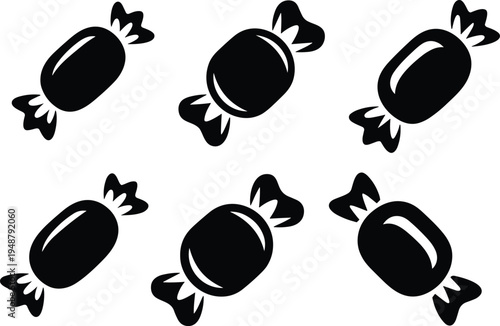 Candy silhouettes set, sweet food snacks collection, sugar dessert treats, wrapped bonbons icons, cad drawing flat vector illustration, confectionery pack