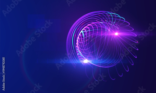 Abstract technology vector background with luminous curved lines forming dynamic structure on blue background. Concept for big data research, artificial intelligence, digital network, data processing.