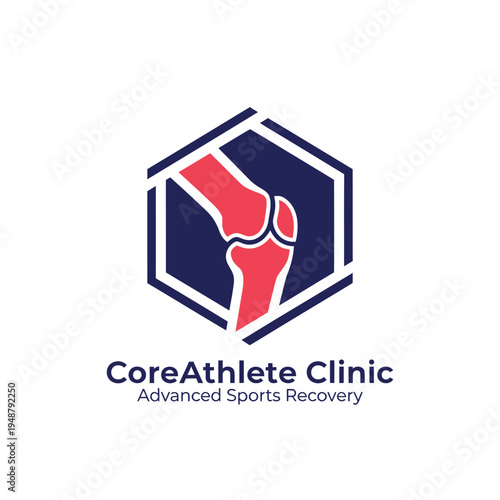 Human knee joint bone silhouette inside hexagon frame logo for sports medicine and physiotherapy recovery clinic CoreAthlete Clinic