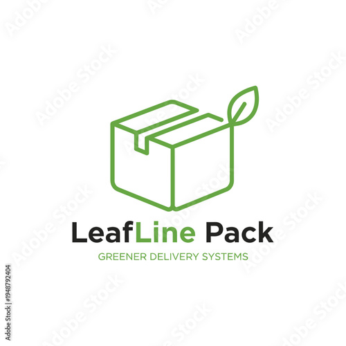 Minimalist box outline with green leaf icon logo for eco-friendly logistics and sustainable delivery network systems LeafLine Pack