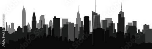 City skyline silhouette with skyscrapers and urban buildings, metropolitan town landscape, panorama, cad drawing flat vector illustration, downtown city view.