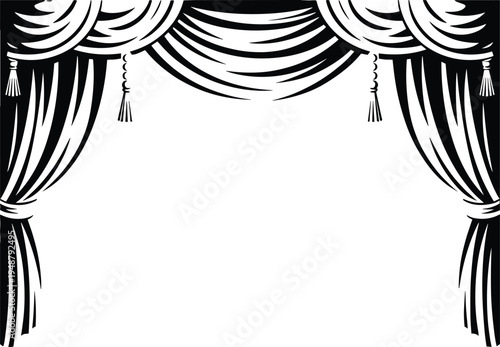 Classic Luxury Theater Stage Curtain Silhouette, Elegant Black Drapery for Performance Cinema and Events Decoration, CAD Drawing Flat Vector Illustration