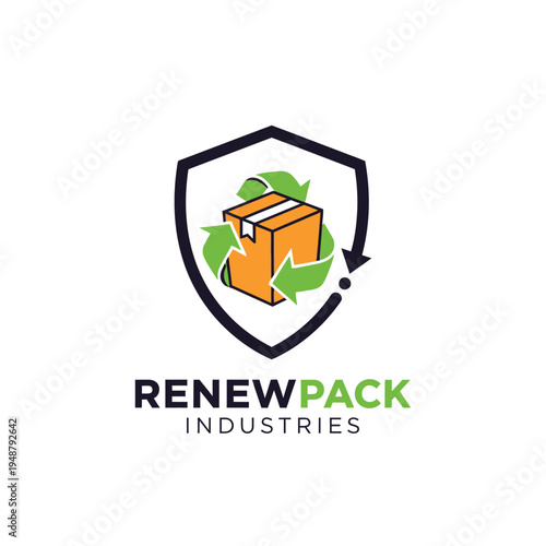 Cardboard box with green recycle arrows inside a shield logo for sustainable packaging and industrial waste management RenewPack Industries