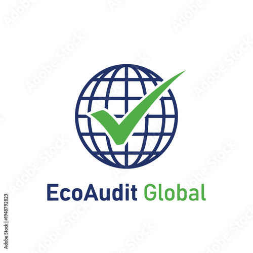 Globe grid sphere with green check mark for international environmental verification and global sustainability audit services logo EcoAudit Global