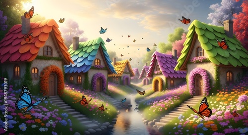 Whimsical fantasy village with colorful houses and flowers